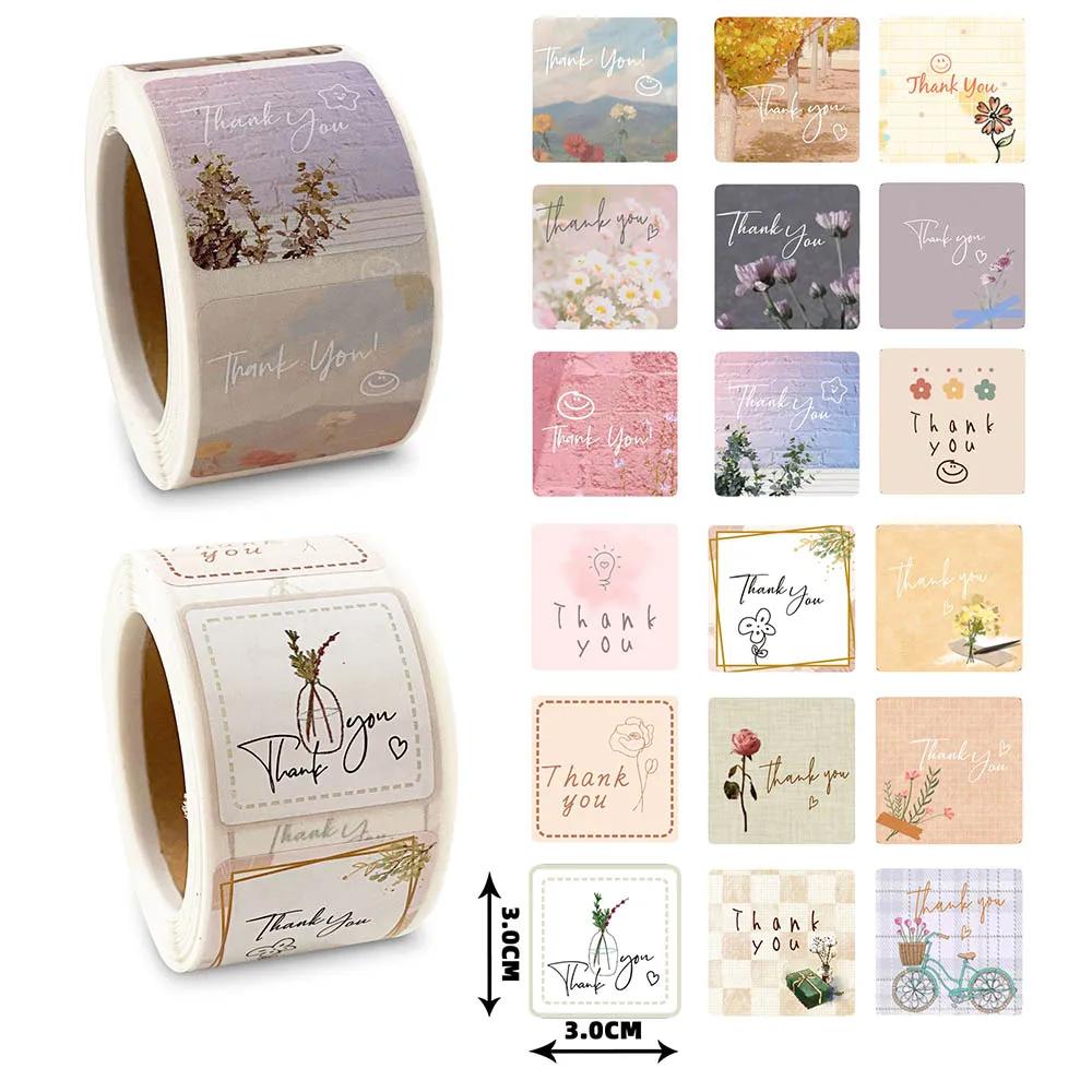 300Pcs Square Thank You Stickers Flowers Decorative Sealing Stickers for Gifts Wedding Party Packaging Small Busines